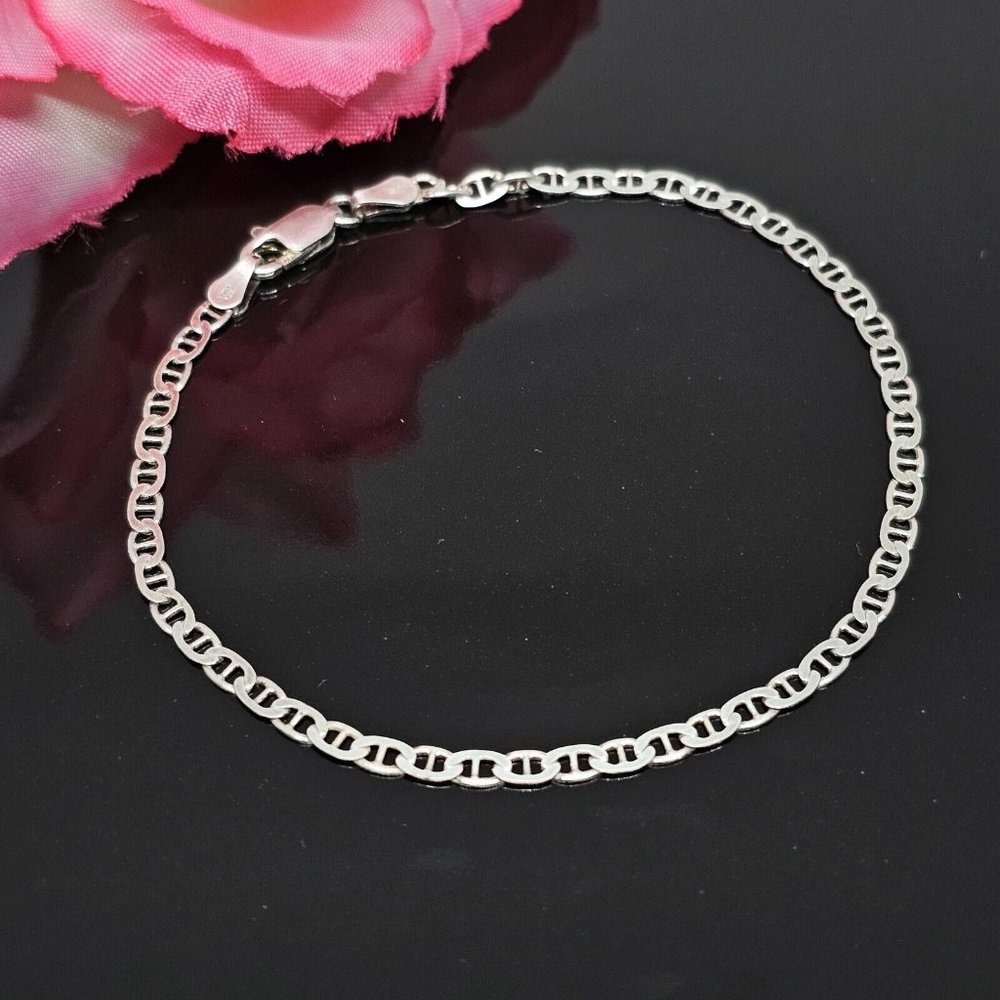 JCM 925 Sterling Silver -  Flat Link Chain Bracelet 7.5" Long Italy